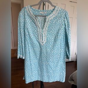 Boden Light Blue and White Tunic/Kaftan/Pool Coverup with Embroidery 12R